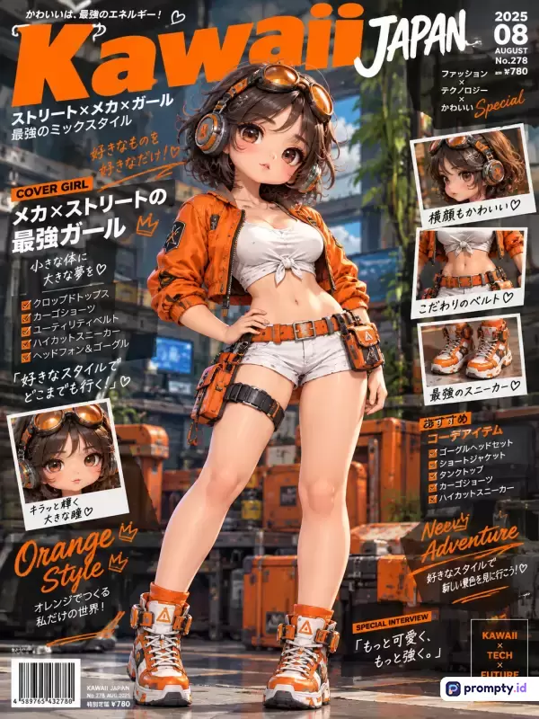 Gambar majalah fiktif ber-gaya anime 3D cyberpunk ini menampilkan karakter wanita muda modis dengan pakaian bernuansa oranye-putih di tengah latar urban pasca-apokaliptik, diperkaya elemen tipografi Jepang, yang mencakup kata kunci anime, meka, street style, fiksi ilmiah, fashion, didominasi oleh warna oranye, putih, dan abu-abu.