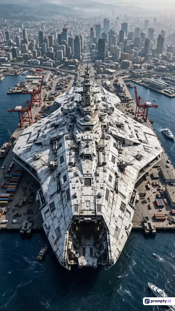 Gambar digital futuristik bergaya fiksi ilmiah ini menampilkan kapal perang raksasa berwarna putih yang sedang bersandar di pelabuhan kota modern dengan latar belakang gedung pencakar langit, serta menggunakan kata kunci kapal induk, sci-fi, dan pelabuhan, dengan dominasi warna putih, abu-abu, dan biru.