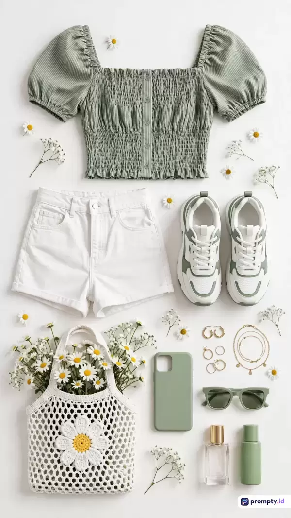 Gambar bergaya estetis *flat lay* ini menampilkan konten fesyen kasual wanita dengan warna dominan hijau sage, putih, dan cokelat muda, serta memuat kata kunci seperti pakaian wanita, celana pendek putih, tas rajut daisy, sepatu kets, aksesori, dan gaya musim panas.