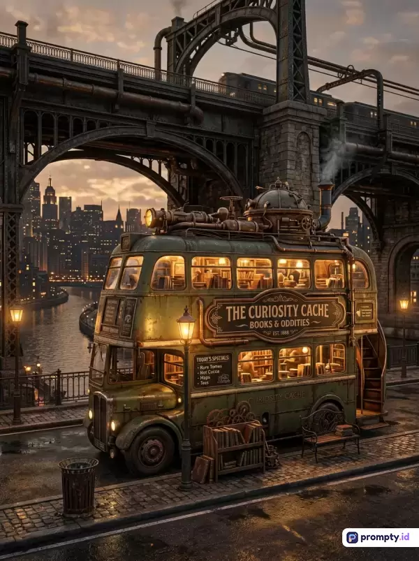Gambar bergaya steampunk fotorealistik ini menampilkan sebuah bus bertingkat antik berwarna hijau tua yang dimodifikasi menjadi toko buku keliling bernama The Curiosity Cache, terparkir di jalanan tepi sungai di bawah jembatan besi era industri dengan latar belakang kota metropolitan senja, dengan kata kunci: steampunk, toko buku bus, arsitektur industri, senja perkotaan, fantasi retro; dan tiga warna dominannya adalah hijau zaitun, cokelat gelap, serta kuning keemasan.