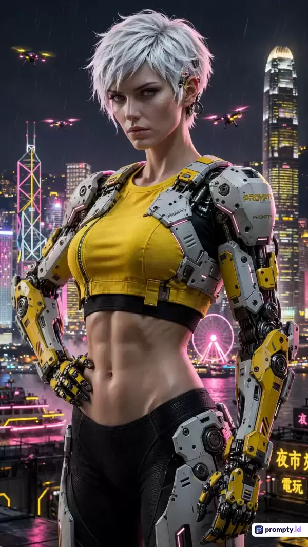 Gambar bergaya digital art fiksi ilmiah ini menampilkan wanita sibernetik berambut putih pendek dengan lengan robotik canggih, berlatar pemandangan kota futuristik malam hari, dengan kata kunci: wanita, sibernetik, fiksi ilmiah, futuristik, robot, kota malam; serta didominasi oleh warna kuning, putih, dan hitam.