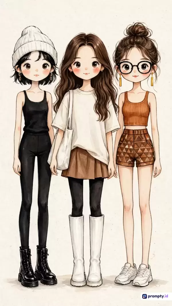 Gambar bergaya ilustrasi digital cat air ini menampilkan tiga gadis remaja berambut cokelat dan hitam dengan gaya busana kasual chic yang menggunakan kata kunci persahabatan, fashion, dan chibi, serta didominasi oleh warna krem, hitam, dan cokelat.