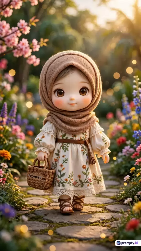 Gambar digital bergaya boneka 3D Chibi yang menampilkan seorang anak perempuan berhijab cokelat sedang berjalan di jalur taman berbunga dengan gaya visual imut dan sinematik, serta tiga warna dominan yaitu cokelat, krem, dan hijau.