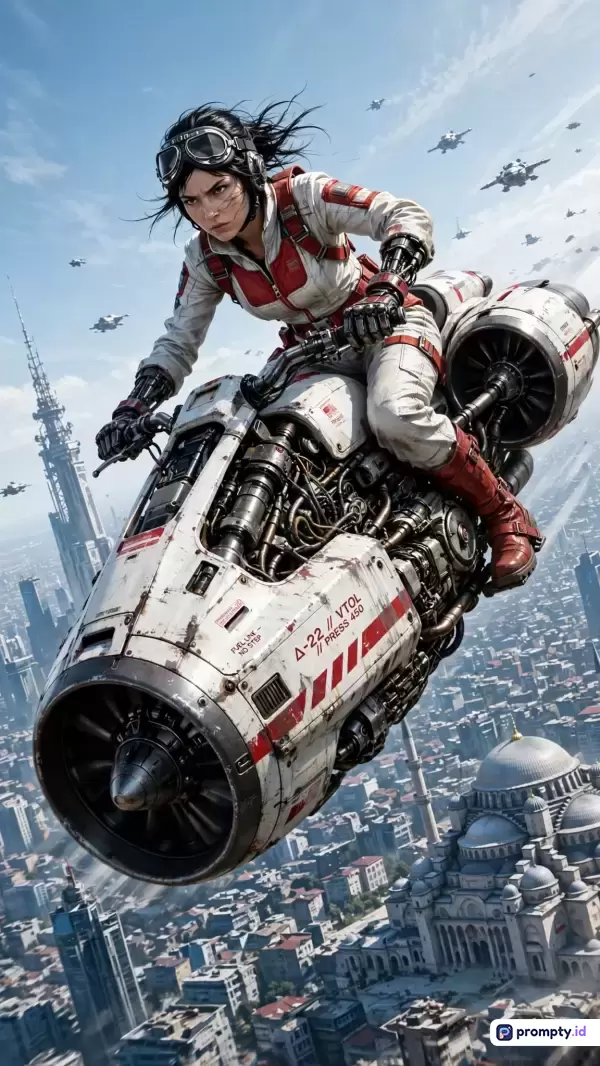 Gambar bergaya seni digital sci-fi fiksi ilmiah ini menampilkan seorang wanita berambut hitam mengenakan kacamata pelindung dan pakaian penerbang putih-merah, sedang mengendarai motor terbang futuristik dengan mesin jet besar di atas latar belakang pemandangan kota futuristik yang dipenuhi pesawat terbang, dengan kata kunci: fiksi ilmiah, motor terbang, wanita pengendara, futuristik, aksi; serta tiga warna dominan yaitu putih, merah, dan abu-abu.