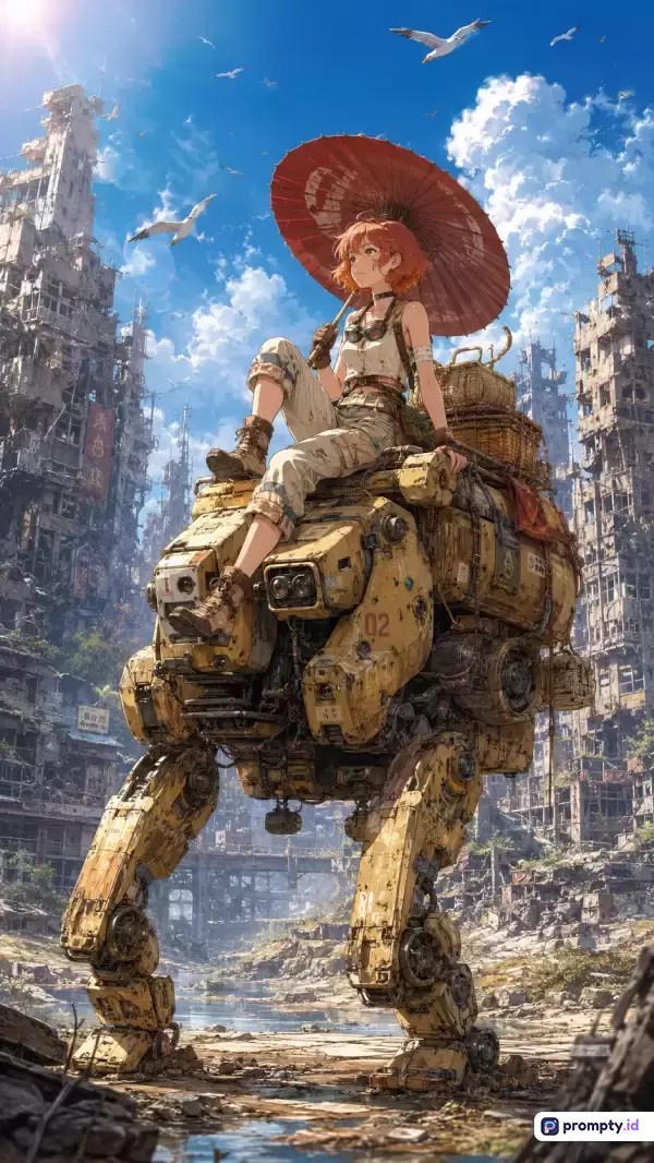 Gambar bergaya ilustrasi digital anime bertema post-apocalypse ini menampilkan seorang gadis berambut oranye memegang payung merah sedang duduk di atas robot bipedal kuning besar di tengah reruntuhan kota modern dengan warna dominan biru langit, cokelat tanah, dan kuning metalik, serta kata kunci: fiksi ilmiah, mecha, pascakiamat, penjelajah, kehancuran, petualangan, futuristik.