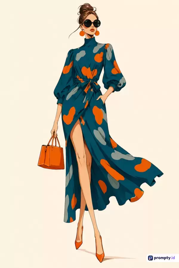 Ilustrasi digital bergaya fashion sketsa modern ini menampilkan seorang wanita elegan berambut sanggul mengenakan gaun panjang bermotif abstrak, kacamata hitam, dan tas tangan dengan dominasi warna hijau teal, oranye terang, dan krem muda, serta kata kunci mode, ilustrasi, wanita, elegan, dan gaya.