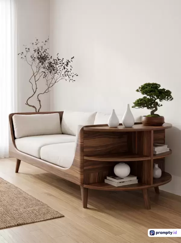 Gambar fotografi interior bergaya minimalis modern ini menampilkan sofa kayu walnut melengkung yang elegan dengan bantal putih, dilengkapi rak penyimpanan terintegrasi, dekorasi tanaman bonsai, vas putih, dan ranting kering di dalam ruangan dengan kata kunci desain rumah, estetika Skandinavia, dan mebel fungsional, menggunakan tiga warna dominan yaitu cokelat kayu, putih gading, dan hijau zaitun.