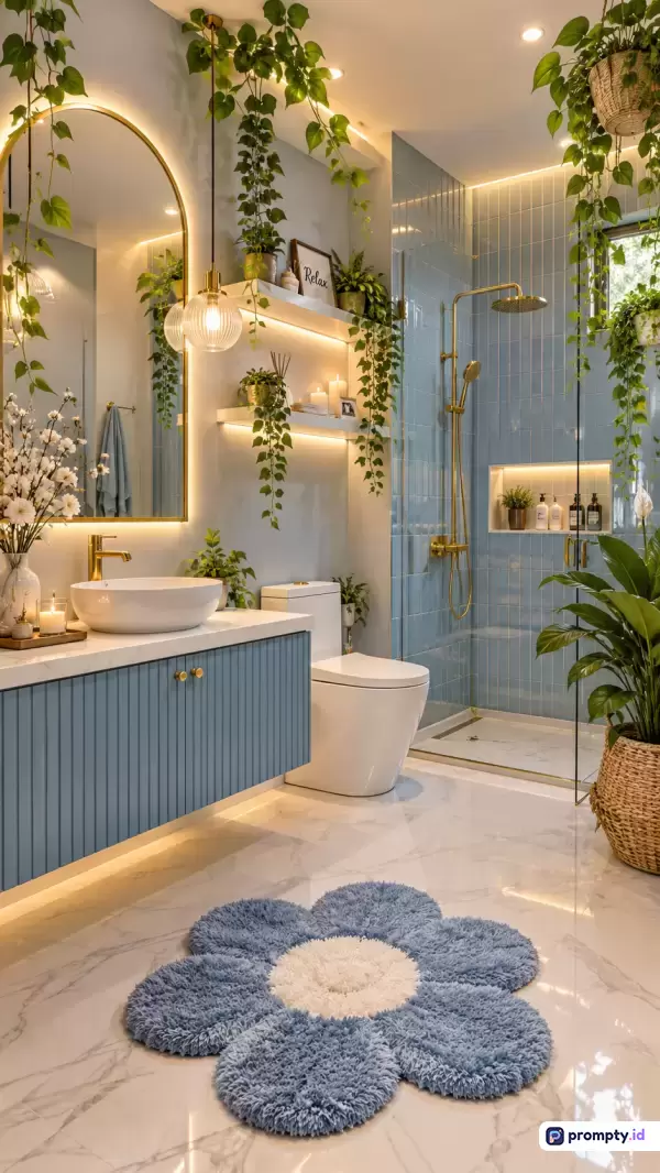 Gambar bergaya modern-kontemporer ini menampilkan konten kamar mandi mewah dengan dekorasi tanaman hijau gantung yang asri, keset berbentuk bunga, cermin berlampu LED, dan area shower berdinding keramik biru yang elegan, serta menggunakan kata kunci desain interior, kamar mandi estetik, tanaman hias, mewah, dan dekorasi rumah, dengan palet warna dominan biru muda, putih bersih, dan emas berkilau.