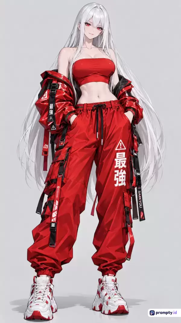Gambar bergenre anime digital modern ini menampilkan konten seorang wanita berambut putih panjang dengan mata merah yang mengenakan pakaian streetwear serba merah dan putih berdesain futuristik, serta menggunakan kata kunci anime, fashion, cyberpunk, dan streetwear, dengan dominasi warna merah, putih, dan abu-abu.