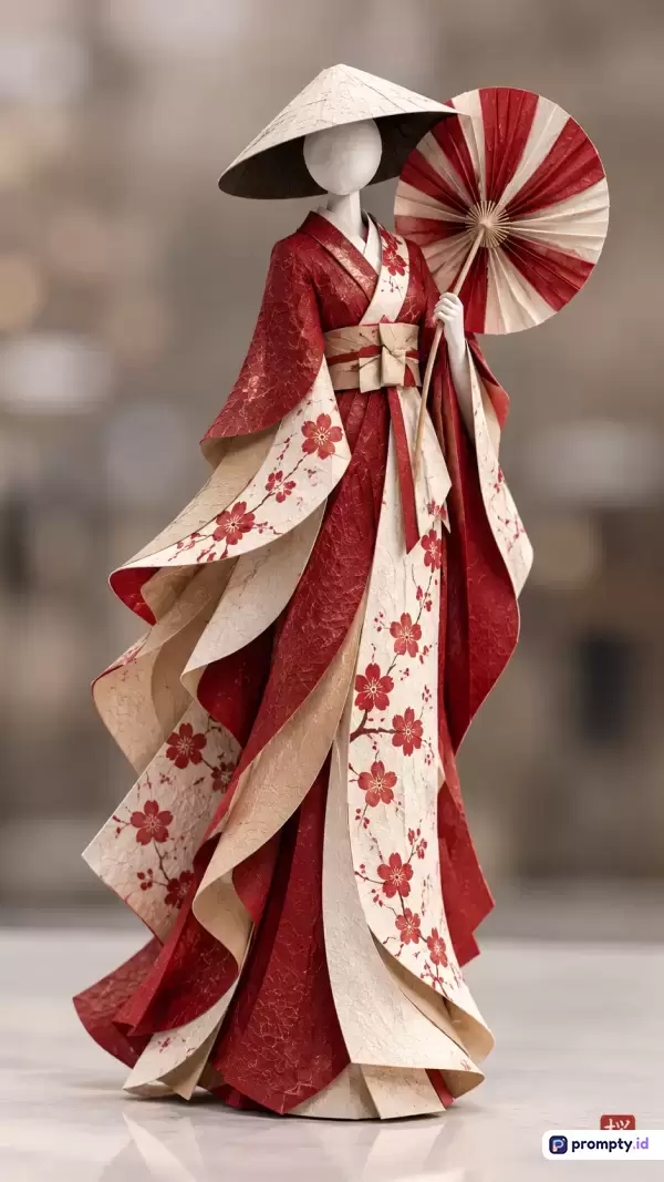 Gambar bergaya seni origami Jepang beresolusi tinggi ini menampilkan konten patung manekin wanita elegan yang mengenakan kimono tradisional berlapis motif bunga sakura dan memegang payung kertas, dengan kata kunci kimono, origami, bunga sakura, manekin, Jepang, seni kertas, tradisional, merah, krem, putih, dan tiga warna dominannya adalah merah, krem, dan putih.
