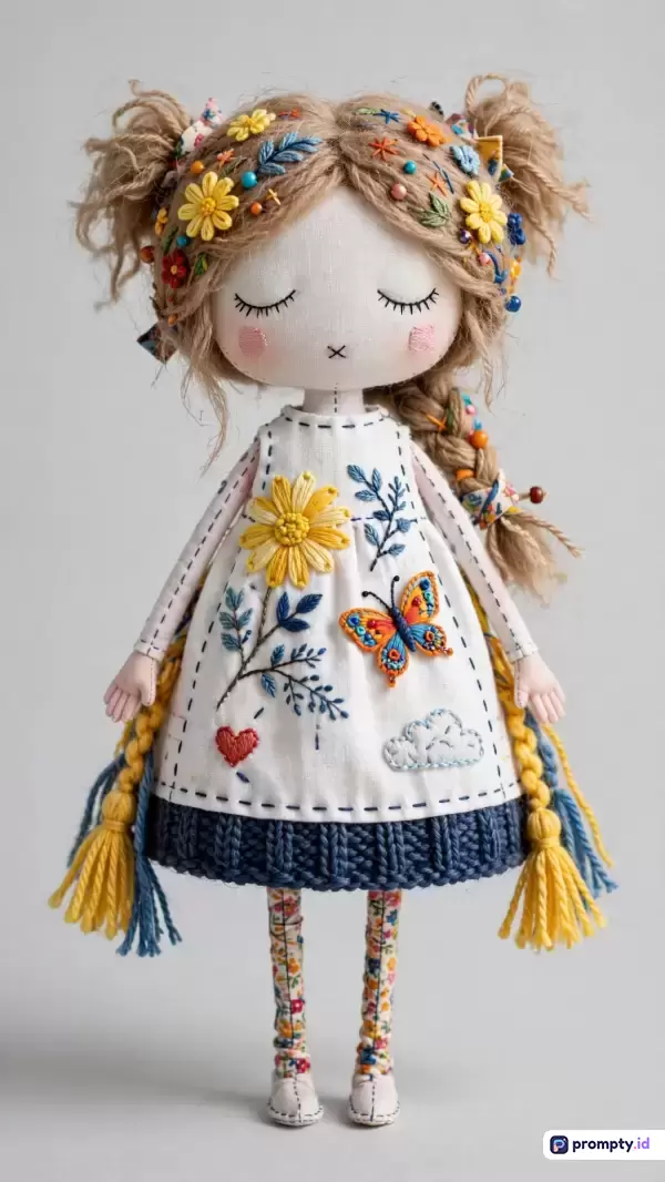 Gambar bergaya fotografi produk boneka kain buatan tangan (handmade fabric doll) dengan konten utama boneka berambut benang cokelat dikepang dan dihiasi sulaman bunga, mengenakan gaun putih bersulam motif flora, kupu-kupu, dan awan, menggunakan kata kunci boneka kain, sulaman tangan, mainan buatan tangan, dekorasi anak, estetika craft, serta didominasi oleh tiga warna yaitu putih, kuning cerah, dan biru tua.
