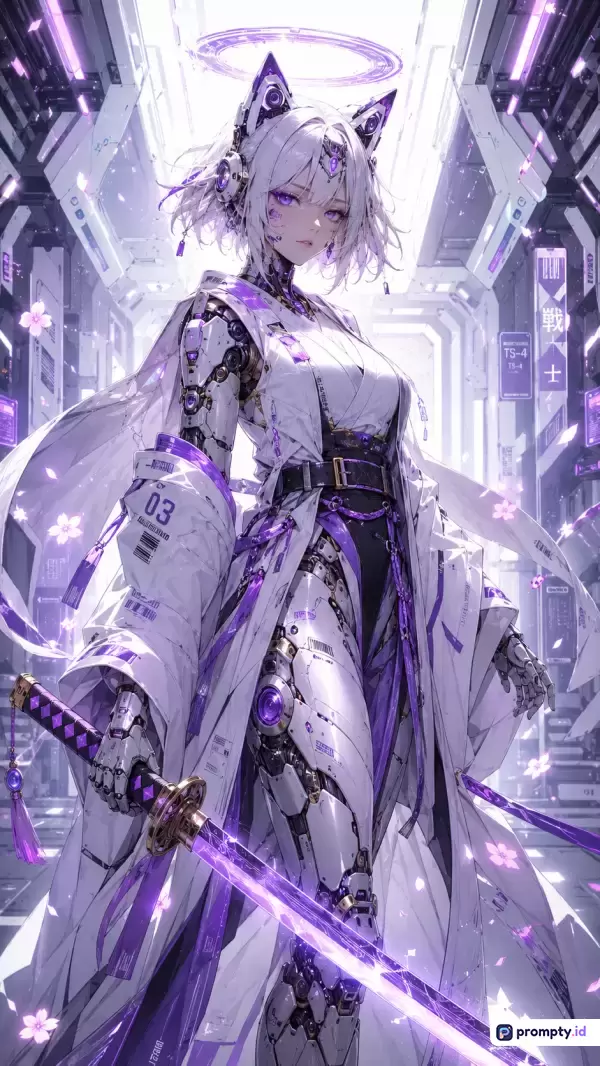 Gambar bergenre anime cyberpunk ini menampilkan seorang waifu cyborg berambut putih pendek dengan telinga kucing, mengenakan kimono futuristik berwarna putih-ungu dan memegang katana bercahaya, berlatar koridor laboratorium high-tech bercahaya neon, dengan kata kunci: anime, cyborg, cyberpunk, waifu, samurai, futuristic, sci-fi, katana, mecha, neon; warna dominan: putih, ungu, perak.