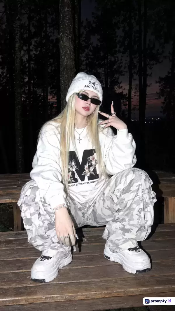 Gambar bergaya streetwear modern ini menampilkan konten seorang wanita berambut pirang mengenakan pakaian serba putih dengan topi kupluk putih, kacamata hitam, kaus grafis, celana kargo putih abu-abu, dan sepatu sneakers putih yang sedang jongkok di atas bangku kayu dengan latar belakang hutan gelap malam hari, dengan kata kunci fashion jalanan, wanita, gaya hip-hop, kacamata hitam, hutan malam, topi kupluk, pakaian kargo, tren mode, pose jongkok, busana putih, dan tiga warna dominannya adalah putih, hitam, serta cokelat kayu.