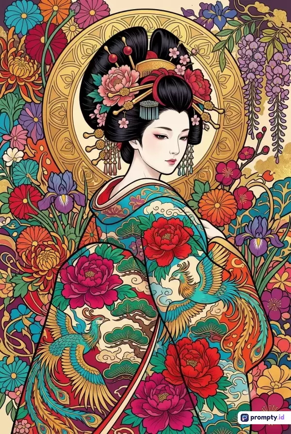 Gambar bergaya ilustrasi ukiyo-e modern ini menampilkan konten wanita Jepang tradisional berkimono bermotif burung phoenix dan bunga peony, diperkaya dengan kata kunci budaya Jepang, geisha, seni dekoratif, dan estetika oriental, serta didominasi oleh palet warna merah tua, biru pirus, dan kuning keemasan.