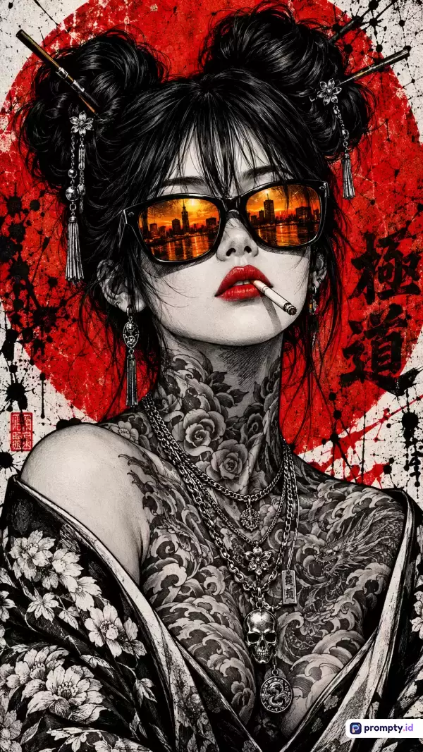 Gambar bergaya ilustrasi manga modern dan cyberpunk ini menampilkan konten seorang wanita bertato dengan gaya tradisional Jepang mengenakan kacamata hitam yang memantulkan pemandangan kota, merokok, dengan latar belakang merah mencolok dan kaligrafi Jepang; kata kunci: wanita, tato, yakuza, cyberpunk, anime, ilustrasi, merah, hitam, putih, kacamata hitam, kota; palet warna dominan terdiri dari merah menyala, hitam pekat, dan putih bersih.