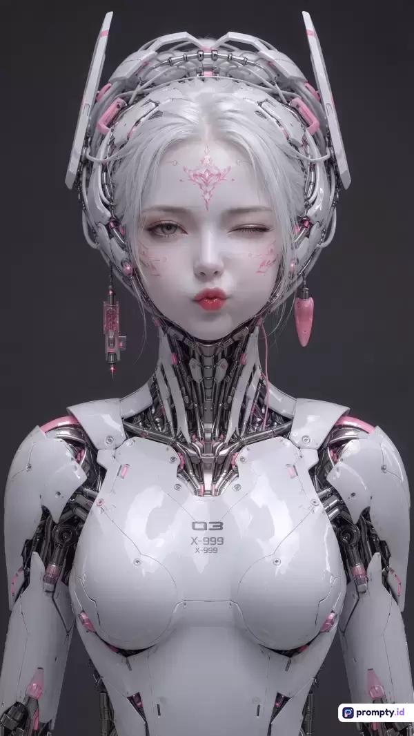 Gambar berformat digital art bergaya fiksi ilmiah ini menampilkan konten cyborg wanita berambut putih dengan pose mengedipkan mata, menggunakan kata kunci robot, futuristik, android, dan sci-fi, serta didominasi oleh warna putih, merah muda, dan abu-abu.