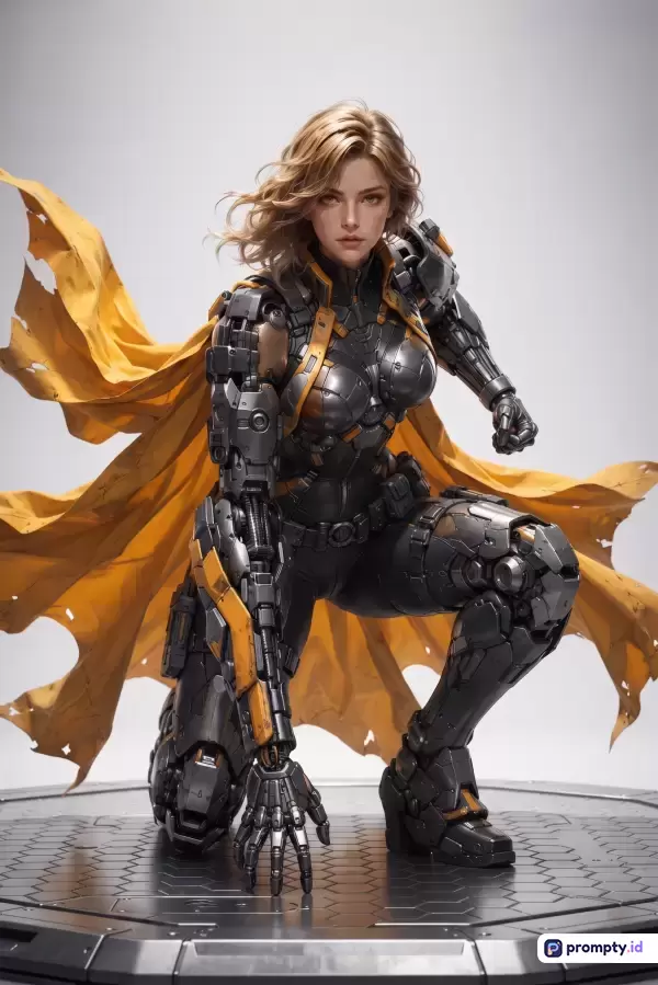Gambar ber-style digital art bergenre fiksi ilmiah ini menampilkan konten seorang pahlawan wanita sibernetik berambut pirang yang berpose berlutut di atas podium dengan jubah kuning compang-camping, menggunakan kata kunci seperti cyborg, sci-fi, pahlawan, armor, dan futuristik, serta didominasi oleh warna abu-abu gelap, kuning cerah, dan hitam metalik.