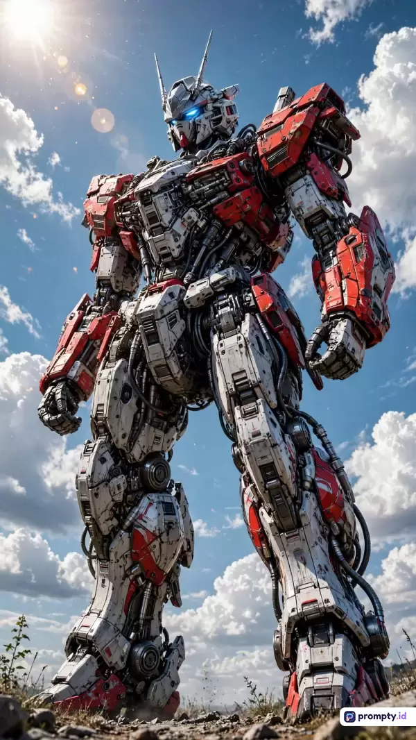Gambar berstyle fiksi ilmiah ini menampilkan robot mecha raksasa berwarna merah, putih, dan biru terang yang berdiri megah di bawah langit berawan dengan efek cahaya matahari, menggunakan kata kunci robot, mecha, futuristik, fiksi ilmiah, dan raksasa.