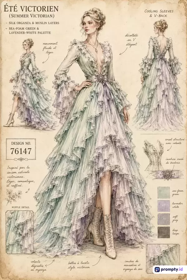 Ilustrasi digital bergaya sketsa mode Victoria musim panas ini menampilkan desain gaun berlapis organza dengan detail ruffles, teks catatan berbahasa Prancis, serta palet warna dominan hijau mint, lavendel muda, dan krem antik.