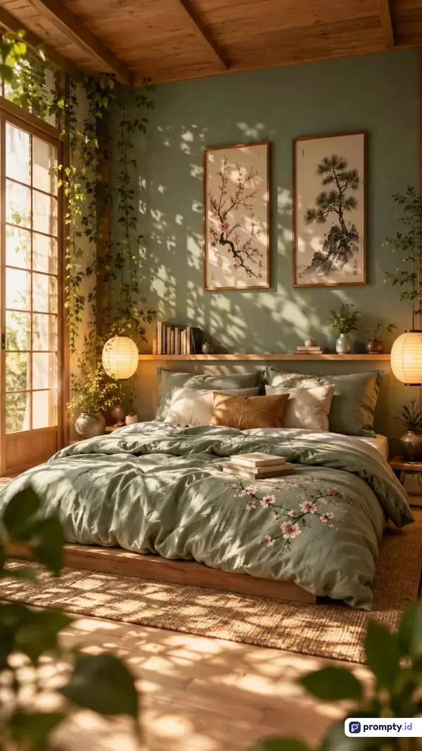 Gambar bergaya fotografi interior realistis ini menampilkan konten kamar tidur bernuansa Zen Jepang yang asri dengan kata kunci utama desain Japandi, dekorasi botani, dan suasana tenang, yang didominasi oleh warna hijau sage, cokelat kayu, dan putih krem.