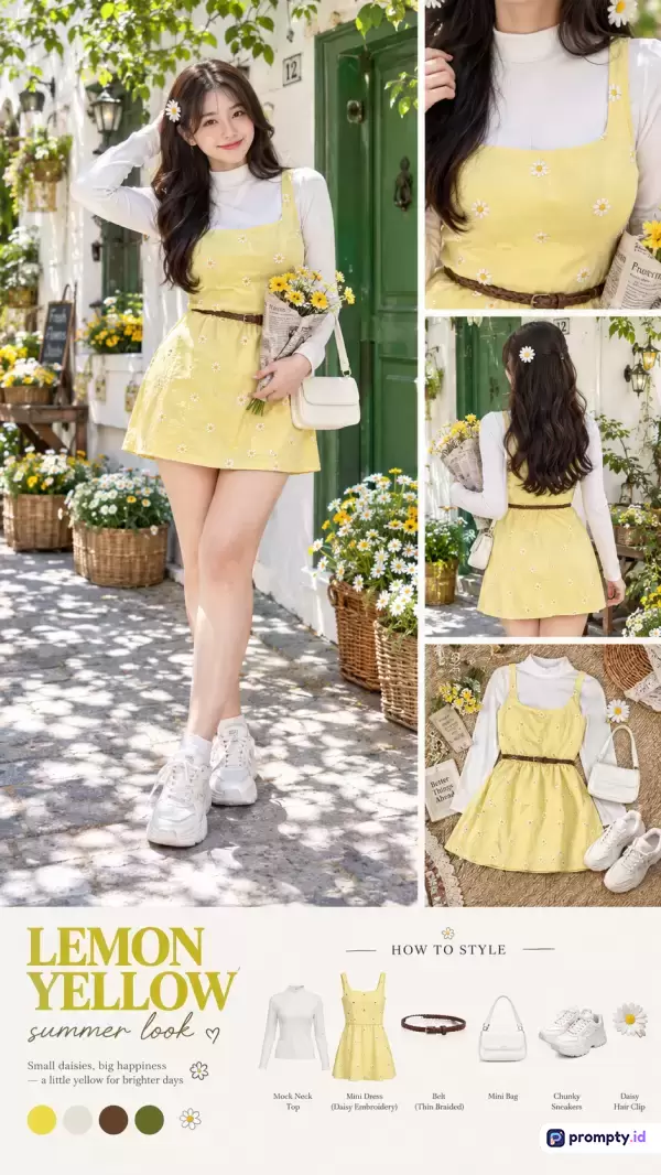 Gambar kolase bergaya fotografi mode editorial dan katalog ini menampilkan konten model wanita yang mengenakan *summer look* berupa *mini dress* kuning bermotif bunga aster, *mock neck top* putih, ikat pinggang cokelat, tas putih, dan *chunky sneakers*, dengan kata kunci fesyen musim panas, gaya Korea, bunga daisy, dan *OOTD*, serta didominasi oleh warna kuning cerah, putih bersih, dan cokelat tanah.