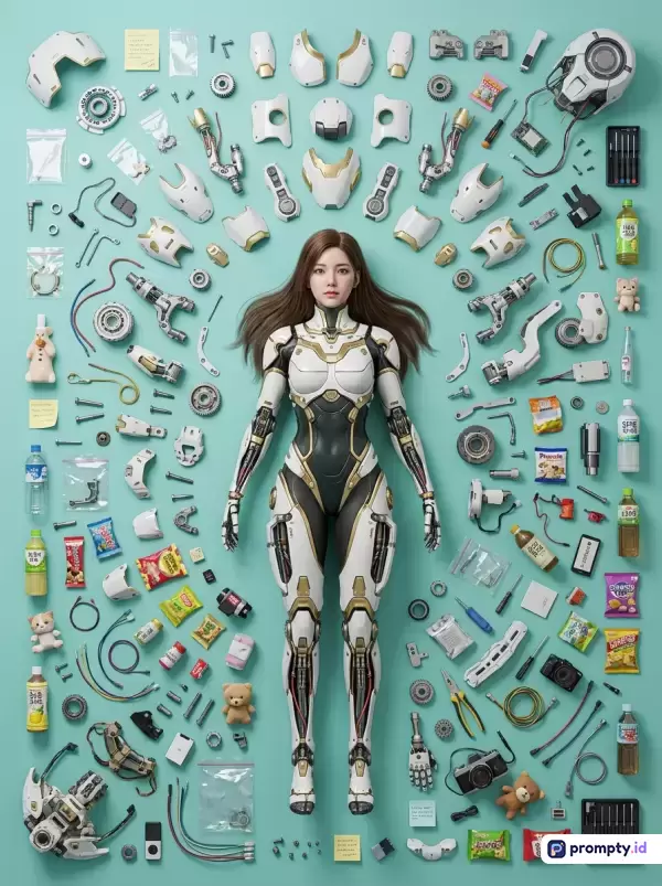 Gambar bergaya *flat lay* bergaya futuristik/fiksi ilmiah ini menampilkan karakter wanita sibernetik di tengah yang dikelilingi oleh berbagai komponen mekanis, kabel, dan camilan, dengan kata kunci robot, android, *knolling*, teknologi, fiksi ilmiah, serta didominasi oleh warna hijau mint, putih, dan emas.