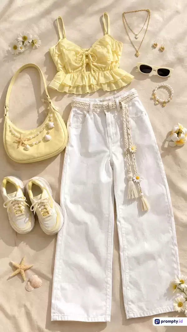 Gambar fotografi gaya datar estetis (flat lay) ini menampilkan konten pakaian kasual musim panas bernuansa pantai dengan kombinasi warna kuning, putih, dan krem, serta kata kunci fashion wanita, OOTD, pakaian musim panas, gaya pantai, baju kuning, celana putih, tas bahu, sepatu kets, kacamata hitam, aksesoris mutiara, dan bunga daisy, dengan tiga warna dominan yaitu kuning pastel, putih bersih, dan krem hangat.