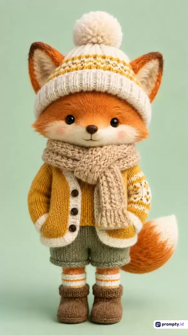Gambar dengan gaya fotografi boneka rajut amigurumi beresolusi tinggi ini menampilkan konten karakter rubah antropomorfik imut berbulu oranye yang mengenakan pakaian musim dingin rajutan detail lengkap dengan topi beanie putih berpompom, syal krem, kardigan kuning mustard, celana pendek abu-abu kehijauan, dan sepatu bot cokelat berlatar belakang hijau mint polos, dengan kata kunci boneka rubah, rajutan tangan, rajutan wol, pakaian musim dingin, amigurumi, karakter lucu, fotografi produk mainan, dan palet warna yang didominasi oleh warna oranye terang, putih gading, dan hijau mint pastel.