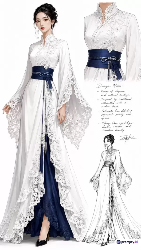 Ilustrasi digital bergaya sketsa mode ini menampilkan desain busana wanita anggun yang memadukan gaun tradisional Tiongkok berenda putih dan biru dongker, dengan kata kunci desain mode, gaun tradisional, ilustrasi sketsa, dan keanggunan, serta memiliki tiga warna dominan yaitu putih, biru dongker, dan hitam.