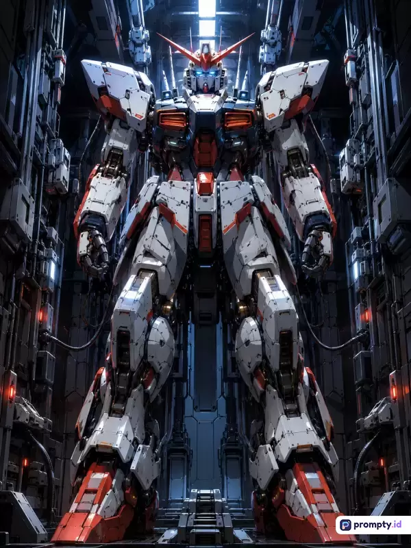 Gambar bergaya digital art sci-fi fiksi ilmiah ini menampilkan robot mecha Gundam raksasa berwarna putih dan merah dalam hangar mekanis futuristik dengan dominasi warna putih, abu-abu, dan merah, serta memiliki kata kunci robot, mecha, gundam, sci-fi, futuristik, hangar, mekanis, fiksi ilmiah, raksasa, dan teknologi.