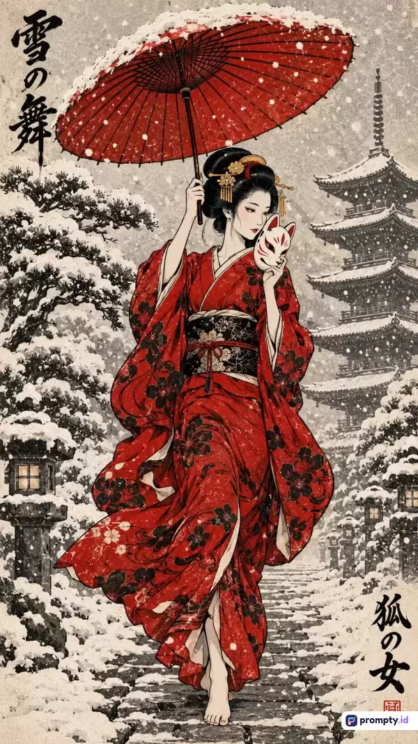 Gambar bergaya ukiyo-e tradisional Jepang ini menampilkan seorang geisha berbalut kimono merah bermotif bunga, berjalan tanpa alas kaki di atas jalan bersalju sambil memegang payung merah dan mengenakan topeng kitsune, dengan latar pagoda serta lentur batu berhias salju, yang divisualisasikan melalui kata kunci geisha, salju, kimono, jepang, dan tradisi, serta didominasi oleh warna merah terang, putih salju, dan hitam arang.