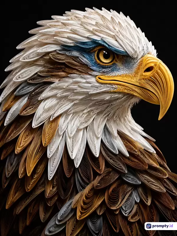 Gambar digital bergaya *paper quilling* ini menampilkan potret profil seekor burung elang botak dengan latar belakang hitam, menggunakan palet warna putih, cokelat, kuning, dan biru, dengan kata kunci: elang, seni kertas, quilling, profil, dan tekstur.
