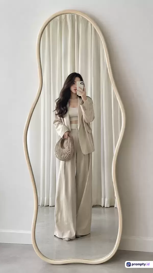 Foto bergaya estetik minimalis ini menampilkan seorang wanita berambut panjang yang sedang melakukan swafoto di depan cermin berbingkai organik unik, mengenakan setelan blazer, crop top, dan celana panjang longgar bernuansa monokromatik kalem, dengan dominasi warna krem, putih tulang, dan abu-abu muda, serta kata kunci fesyen wanita, OOTD kasual elegan, cermin estetis, gaya Korea, neutral tone.