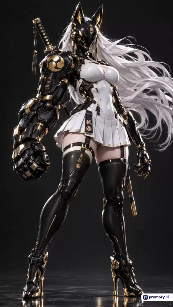 Gambar bergaya seni digital fiksi ilmiah dan fantasi futuristik ini menampilkan karakter prajurit cyborg wanita berambut putih panjang dengan topeng kitsune, mengenakan baju zirah mekanik putih dan hitam beraksen emas serta membawa pedang katana, yang direpresentasikan melalui kata kunci cyborg, anime, mecha, prajurit, dan samurai dengan dominasi warna hitam, putih, dan emas.