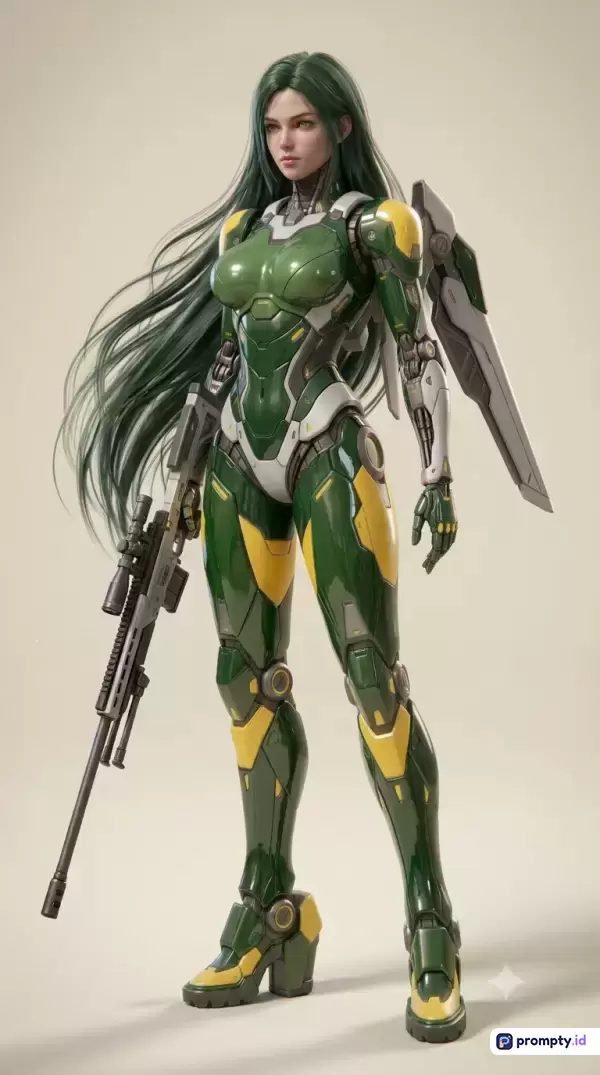 Gambar bergaya digital art sci-fi fiksi ilmiah ini menampilkan konten seorang wanita cyborg berambut panjang hijau dengan kostum armor futuristik dan senjata sniper, menggunakan kata kunci seperti mecha, prajurit, futuristik, fiksi ilmiah, dan senjata, dengan dominasi palet warna hijau, putih, dan kuning.