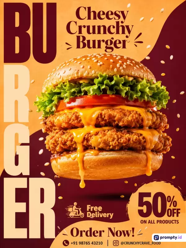 Gambar promosi bergaya komersial modern ini menampilkan konten burger ayam garing berlapis keju leleh dengan kata kunci burger lezat, promosi makanan, 50% off, menggunakan palet warna dominan cokelat tua, jingga, dan kuning krem, serta kata kunci pencarian makanan cepat saji, diskon, dan kuliner.