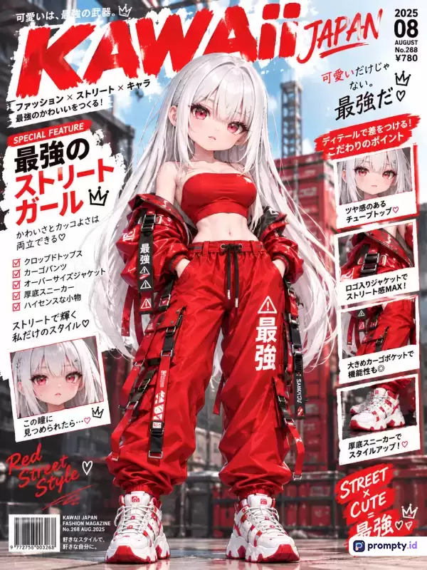 Gambar bergaya anime digital ini menampilkan sampul majalah KAWAII JAPAN dengan konten mode jalanan yang menampilkan gadis berambut putih bermata merah berbusana serba merah, menggunakan kata kunci majalah fesyen, gaya jalanan, gadis anime, tren busana, dan estetika cyberpunk, dengan dominasi warna merah terang, putih bersih, dan abu-abu metalik.