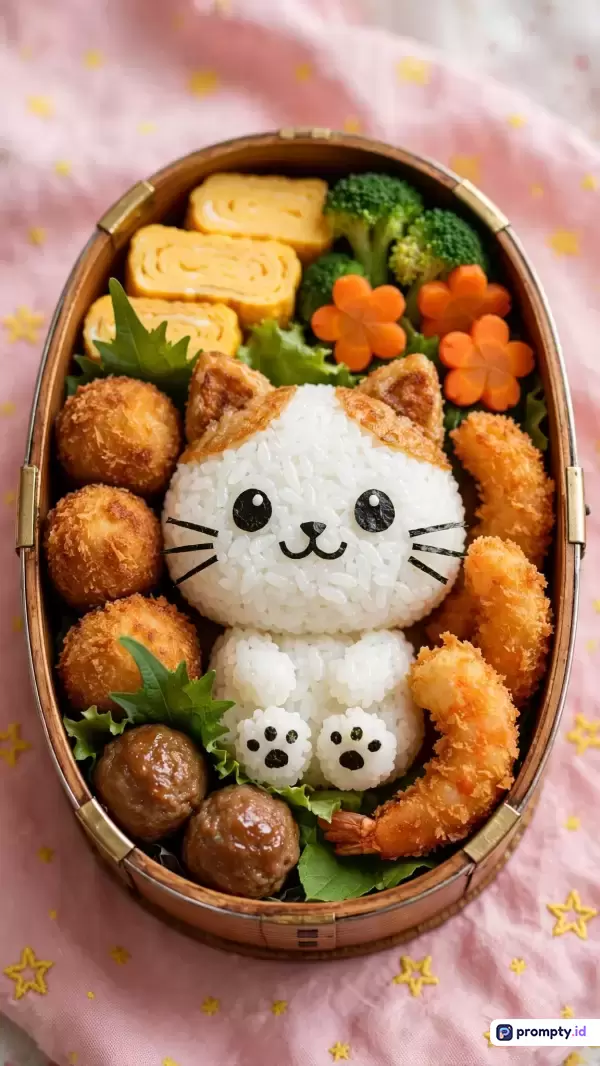 Gambar ini menampilkan bento kreatif gaya fotografi kuliner dengan estetika kawaii yang menampilkan nasi berbentuk kucing lucu dikelilingi lauk seperti udang goreng tepung, telur dadar, bakso, dan brokoli di dalam kotak makan kayu di atas kain merah muda berpola bintang, menggunakan palet warna dominan putih, cokelat keemasan, dan hijau segar dengan kata kunci bento lucu, seni makanan Jepang, nasi kucing, bekal anak, dan estetika kuliner.