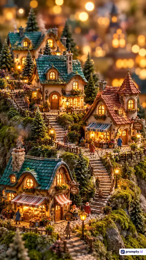 Gambar bergaya diorama miniatur fantasi ini menampilkan konten desa pegunungan yang sangat detail dengan rumah-rumah bergaya Eropa klasik, pohon-pohon pinus, dan tangga batu berundak, serta didominasi oleh kata kunci desa natal, miniatur, dan dongeng; dengan tiga warna dominan yaitu hijau toska, cokelat kayu, dan kuning hangat, serta dihiasi pencahayaan temaram yang menciptakan suasana magis dan nostalgia.