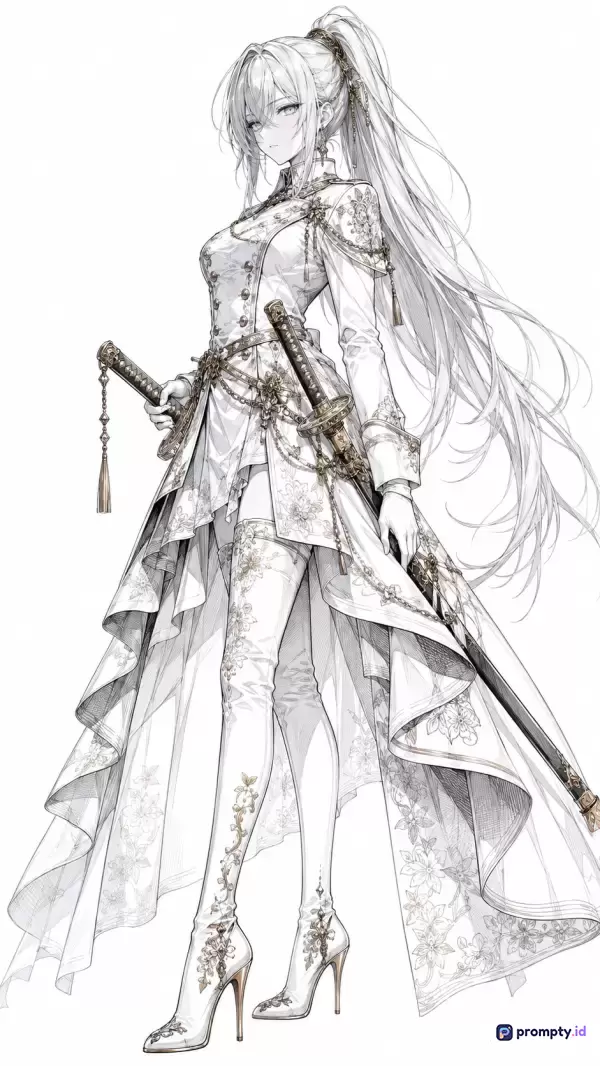 Gambar bergaya ilustrasi anime monokromatik ini menampilkan konten karakter wanita pendekar berambut panjang dengan gaun bertema militer-fantasi berornamen rumit dan membawa dua pedang katana, menggunakan palet warna putih, abu-abu, dan hitam, dengan kata kunci: anime, wanita, pendekar, pedang, katana, fantasi, monokrom, dan tiga warna dominan yaitu putih, abu-abu, dan hitam.