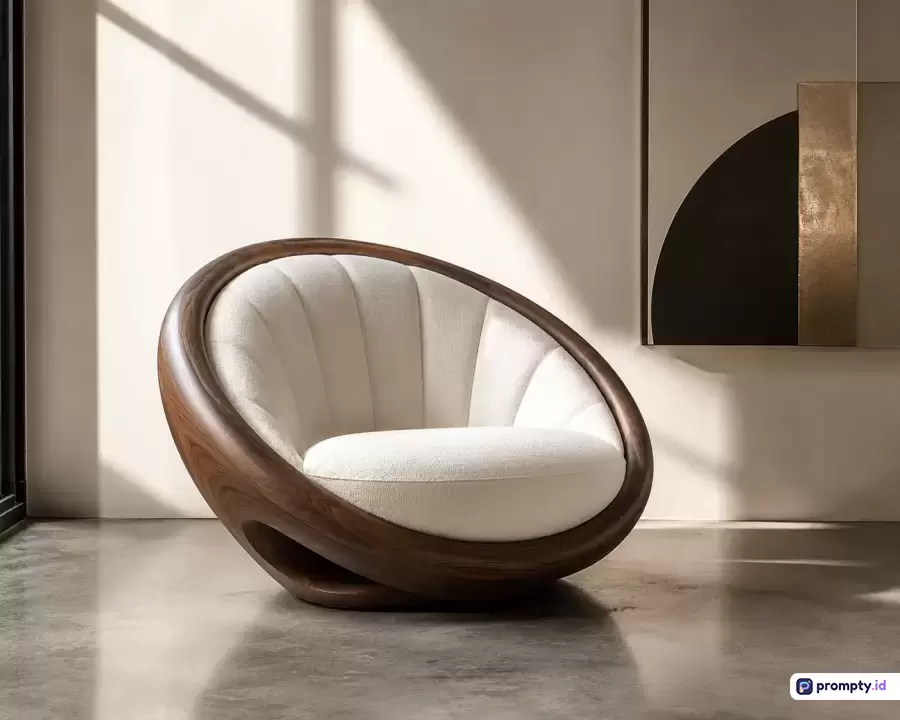 Gambar bergaya fotografi interior minimalis modern ini menampilkan kursi bundar unik dengan rangka kayu gelap dan jok putih krem di dalam ruangan berlantai semen, dengan kata kunci desain interior, furnitur kontemporer, kursi mewah, dan estetika minimalis, serta didominasi oleh tiga warna utama yaitu cokelat kayu, putih krem, dan abu-abu semen.