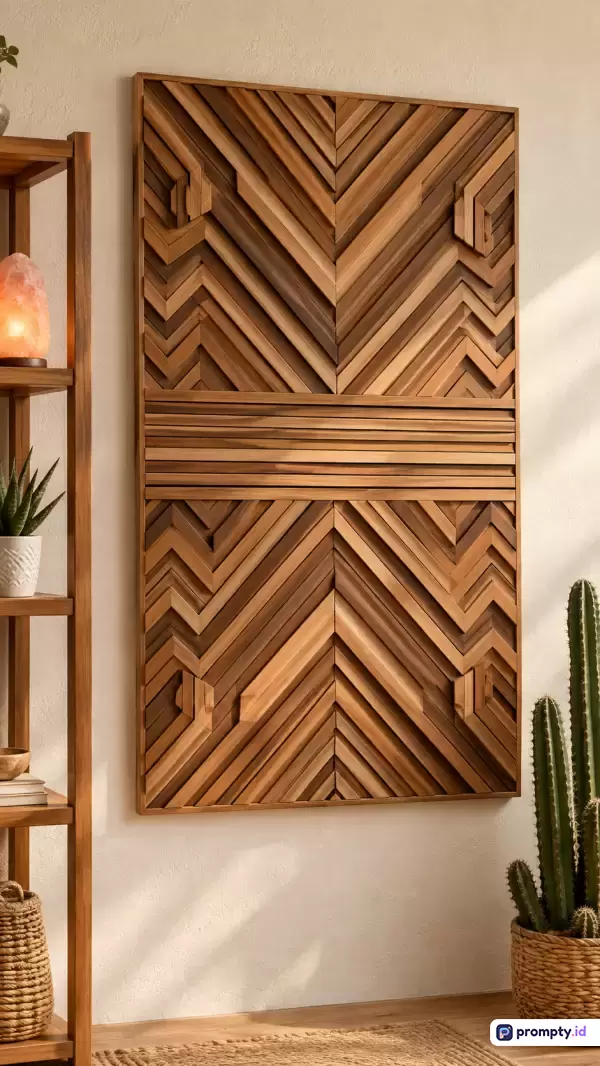 Gambar bergaya modern minimalis ini menampilkan konten seni dinding geometris 3D yang terbuat dari potongan kayu dengan dominasi warna cokelat tua, cokelat muda, dan krem, serta kata kunci seni kayu, dekorasi dinding, geometris, interior, dan natural.