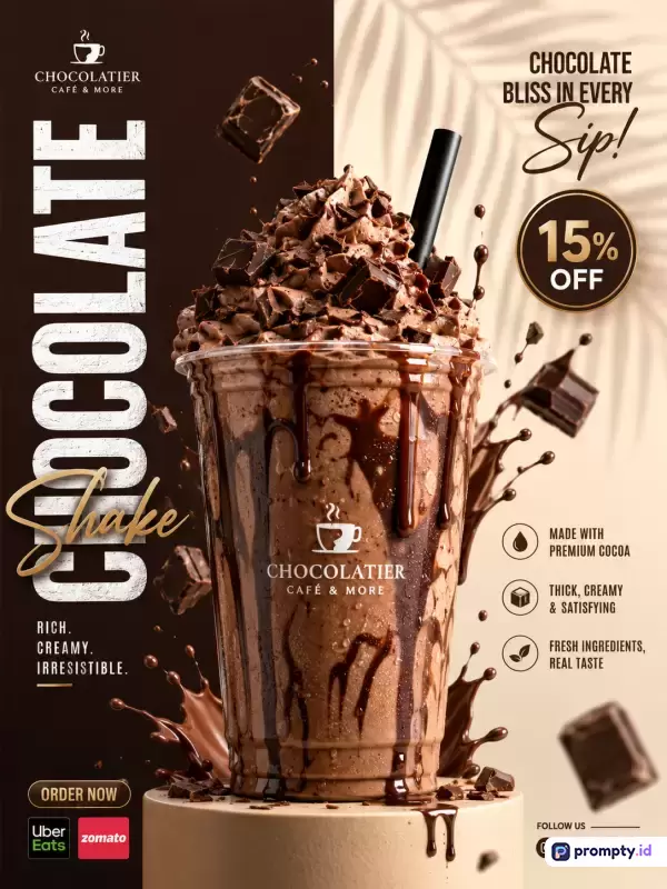 Gambar poster promosi komersial bergaya modern dan elegan ini menampilkan konten utama berupa segelas minuman cokelat kocok (chocolate shake) yang kaya dengan krim dan taburan potongan cokelat di atas podestal bundar, diperkaya oleh elemen teks penawaran diskon 15%, fitur produk, dan tombol pemesanan, serta menggunakan kata kunci seperti minuman cokelat, diskon, dan kafe, dengan palet warna dominan cokelat tua, krem, dan hitam.