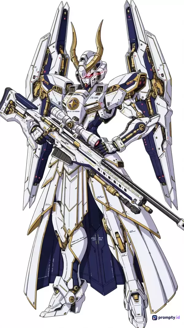 Gambar digital bergaya ilustrasi anime mecha beresolusi tinggi ini menampilkan robot petarung futuristik berwarna putih, emas, dan biru tua yang memegang senapan sniper besar dengan tiga warna dominan yaitu putih, emas, dan biru tua, serta kata kunci gundam, robot, fiksi ilmiah, mecha, prajurit, dan sniper.