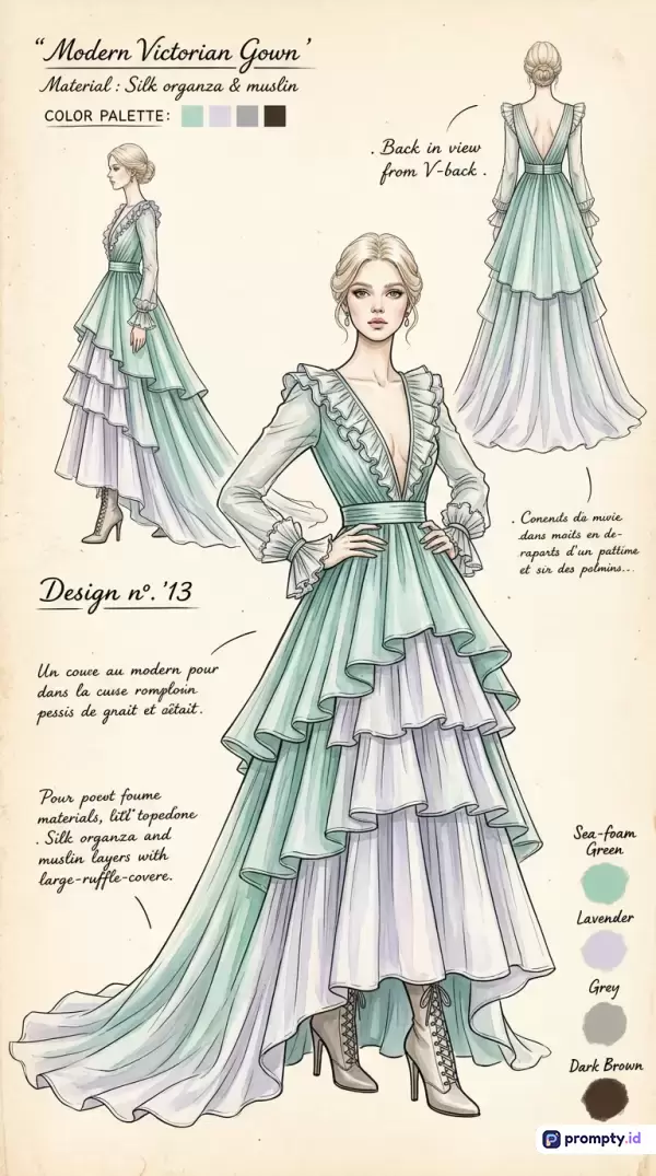 Ilustrasi desain busana bergaya sketsa mode Victoria modern ini menampilkan gaun bertingkat dari bahan organza dan muslin dengan dominasi warna hijau laut, lavender, serta abu-abu yang dilengkapi teks catatan perancang dan kata kunci mode, ilustrasi, gaun, victoria, sketsa.