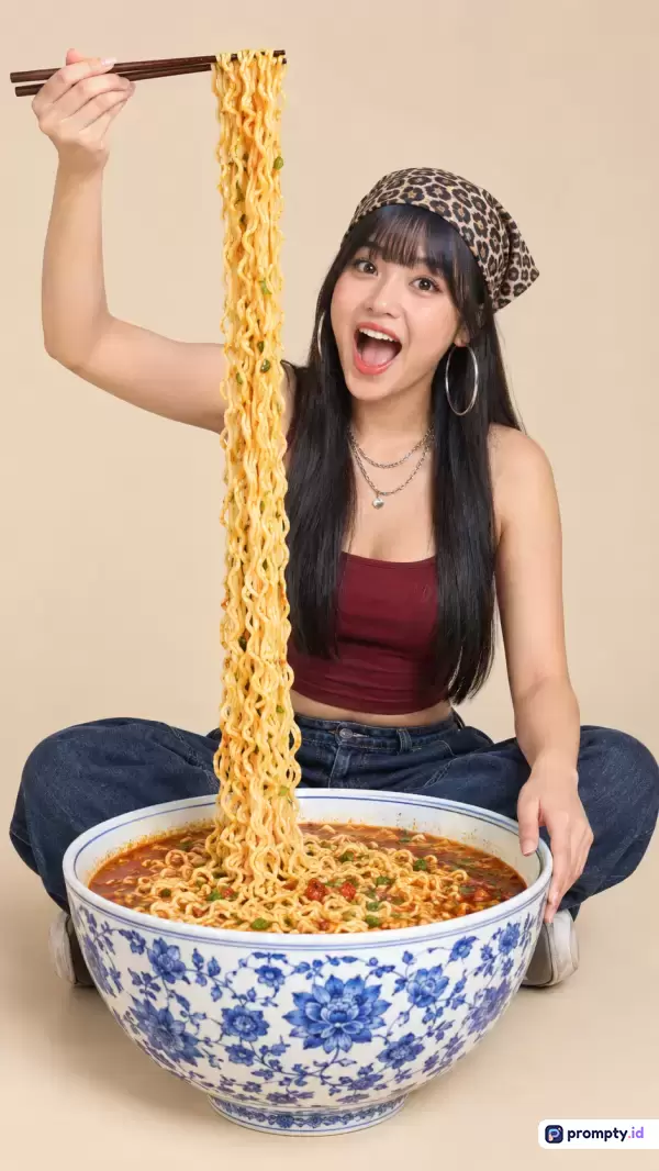 Gambar gaya studio komersial ini menampilkan seorang wanita muda berambut hitam dengan bandana motif macan tutul dan pakaian kasual yang sedang ceria mengangkat mie instan kuning keriting yang sangat panjang dari mangkuk keramik besar bermotif porselen biru putih dengan latar belakang krem polos, menggunakan kata kunci mie instan, wanita muda, makanan, komikal, dan ekspresif, serta didominasi oleh warna krem, biru, dan kuning.