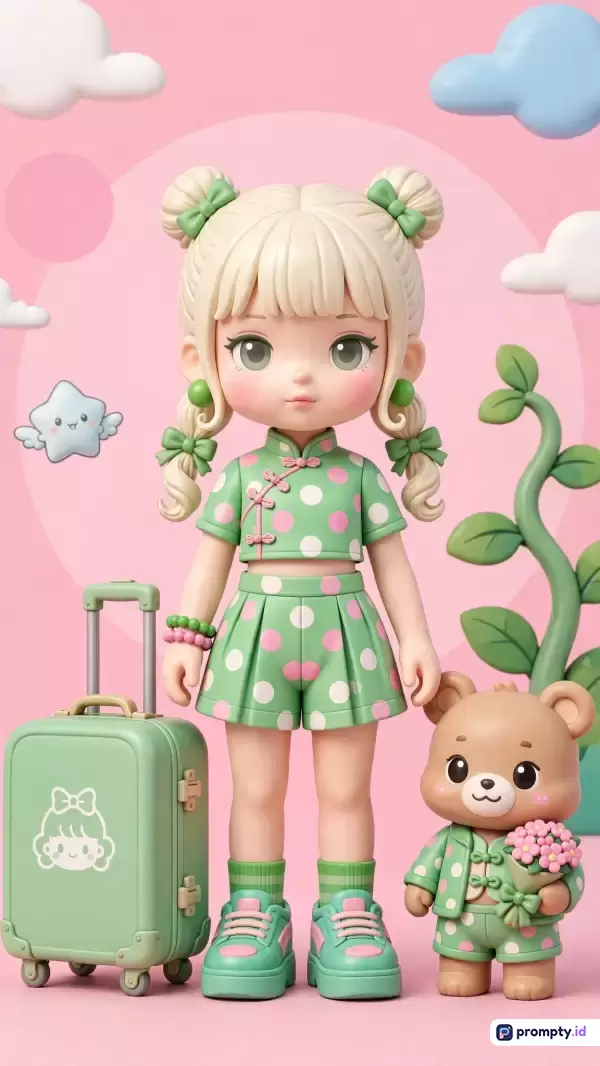 Gambar bergaya figurin 3D chibi ini menampilkan seorang anak perempuan berambut pirang dikuncir dua, mengenakan pakaian bermotif polkadot hijau-merah muda, berdiri di samping koper hijau dan boneka beruang di latar belakang pastel dengan awan dan tanaman mainan, menggunakan kata kunci boneka 3D, chibi, anak perempuan, koper, boneka beruang, motif polkadot, estetika kawaii, dan palet warna tiga dominan yaitu hijau mint, merah muda lembut, dan putih gading.