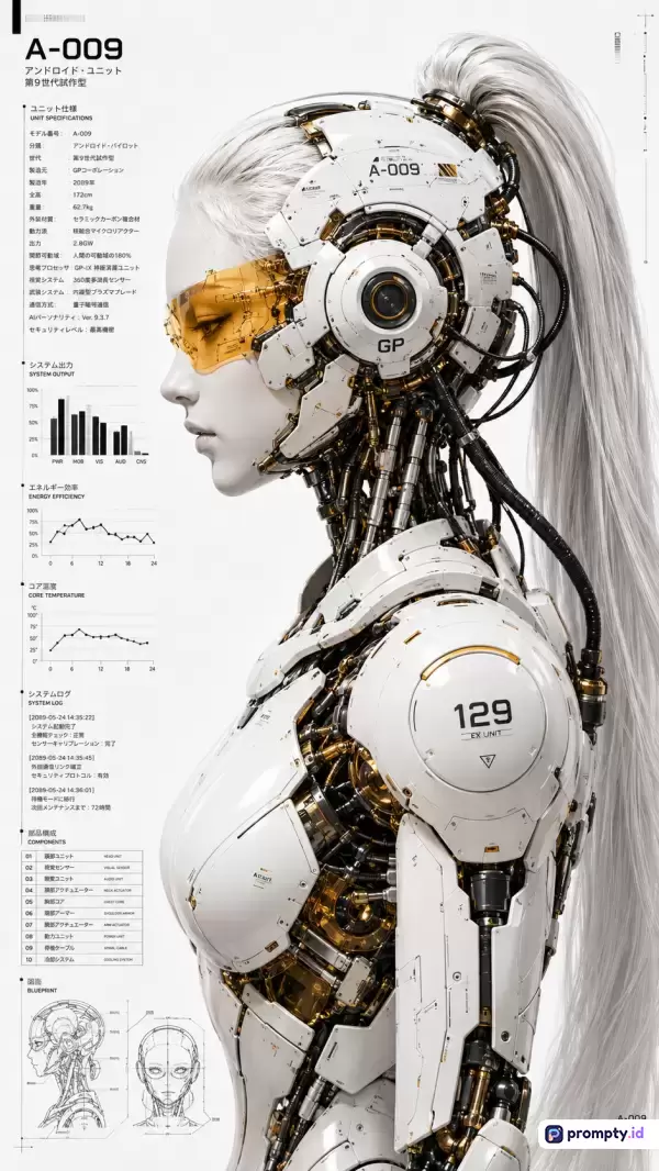 Gambar digital bergaya fiksi ilmiah futuristik ini menampilkan potret samping seorang cyborg wanita berambut putih panjang dengan helm mekanis dan kacamata oranye, dikelilingi oleh teks spesifikasi teknis dan diagram teknik berlatar belakang putih, dengan dominasi warna putih, emas, dan hitam.