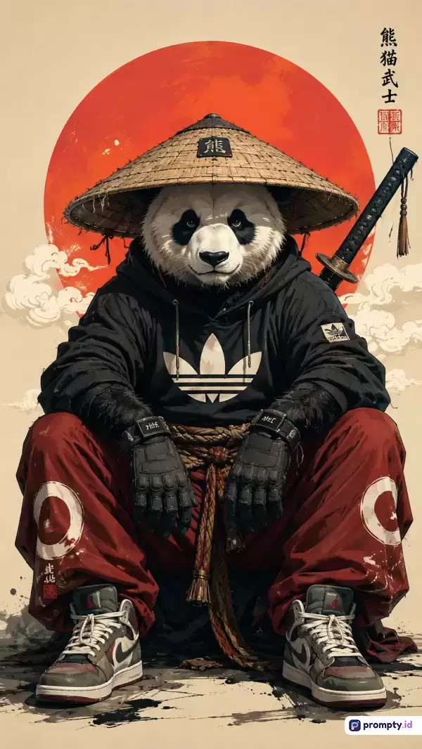 Gambar ilustrasi digital bergaya seni ukiyo-e modern ini menampilkan konten seekor panda samurai berpakaian streetwear dengan topi kerucut dan pedang katana berlatar matahari merah, menggunakan kata kunci panda, samurai, streetwear, Jepang, katana, dan sneaker, didominasi oleh warna merah, hitam, dan krem.