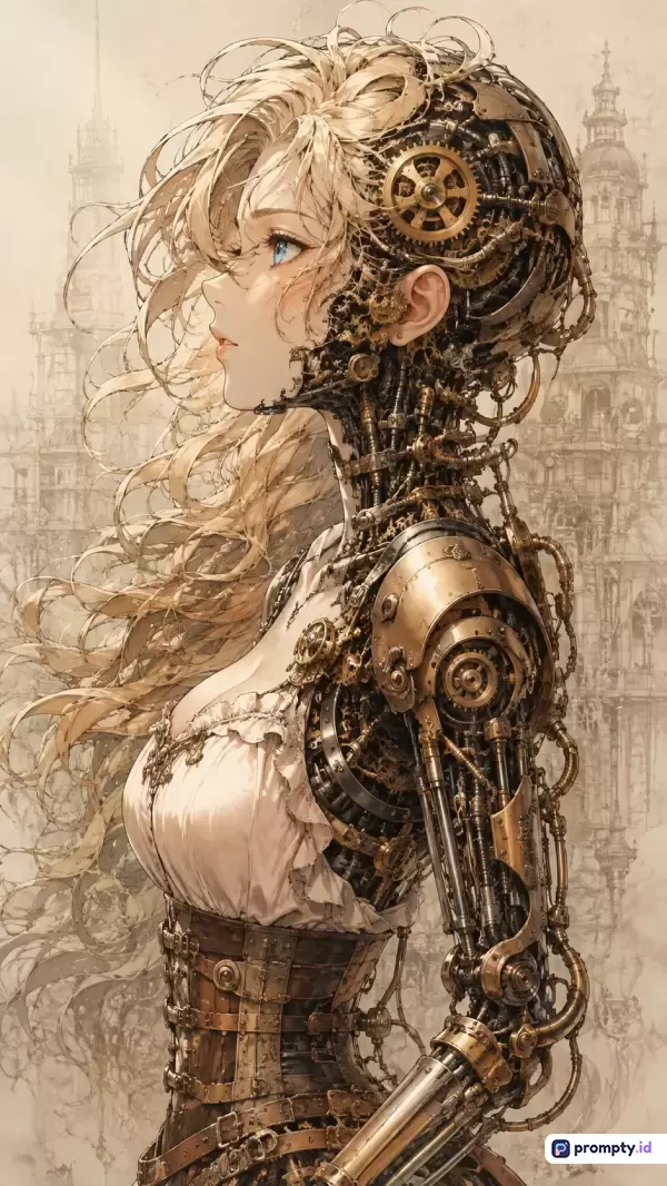 Gambar ilustrasi bergaya anime ini menampilkan karakter wanita cyborg dengan konten sci-fi steampunk berlatar arsitektur klasik, menggunakan kata kunci seperti wanita, cyborg, steampunk, anime, dan mesin, didominasi oleh warna krem, cokelat tua, dan keemasan.